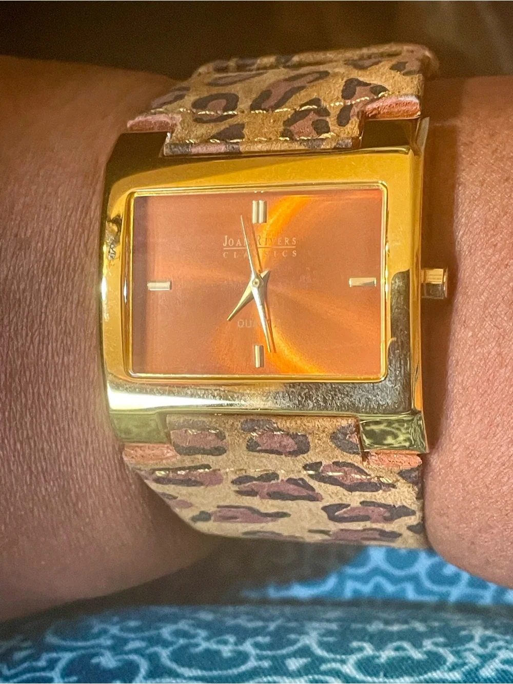 Joan Rivers Gold-Tone Rectangular Watch with Leopard Brown Leather Band. Sz.8